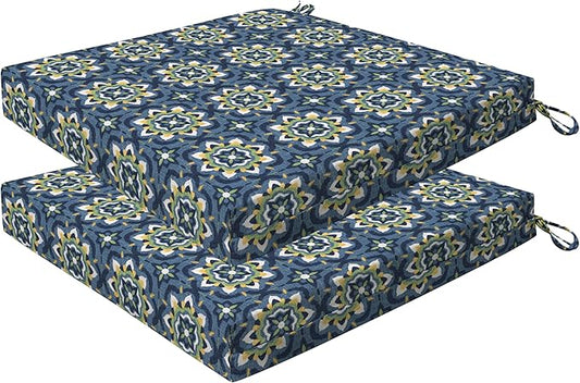 Honeycomb Outdoor Essentials Set of 2 Square Seat Pads, 19 x 19, Medina Medallion Blue Dining Chair Cushions for Patio Furniture