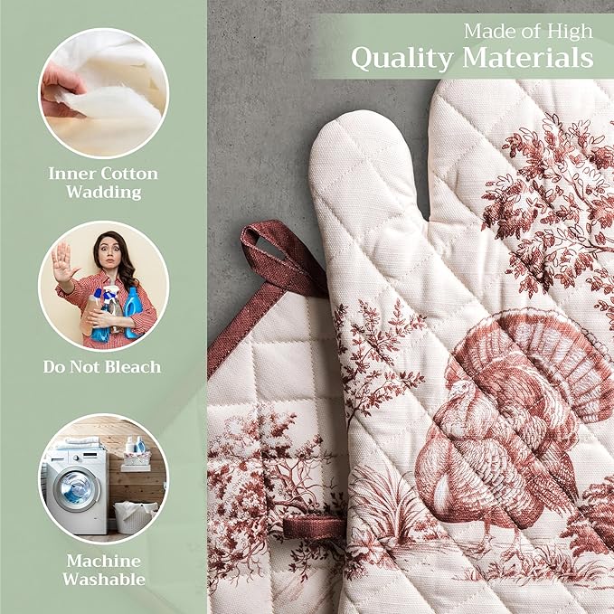 Maison d' Hermine 100% Cotton Oven Mitt & Pot Holder Set (7.5"x13" & 8"x8") Heat Resistant BBQ Cooking Gloves with Loop for Thanksgiving Christmas Decorations Handling Hot Pans (Holy Jouy - Brown)