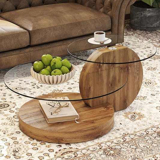 Glass Coffee Table, Modern Round Glass Coffee Table with Wooden Base, 3 Tier Round Coffee Table, Clear Cocktail Table with Storage for Living Room, Office, Balcony, Wood