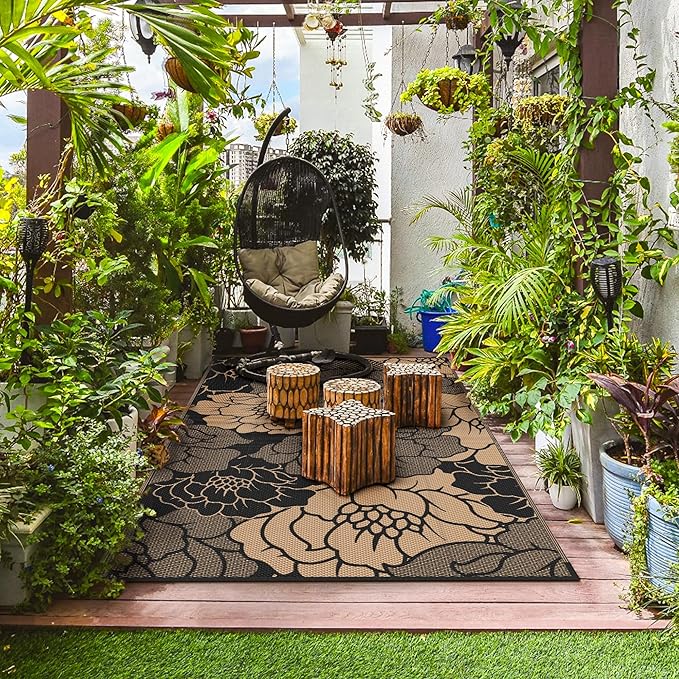 GENIMO Outdoor Rug Waterproof for Patio Decor, 6' x 9' Reversible Plastic Straw Floral Camping Carpet, Large Area Rugs Mats for RV, Camper, Deck, Balcony, Porch, Beach, Picnic, Mix-Black & Brown