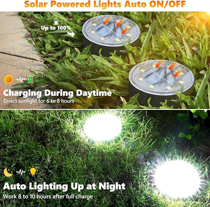 Joomer Solar Ground Lights, 4 Pack 8 LED Solar Lights Outdoor Waterproof IP68 Disc Light Landscape Lighting Garden Light for Patio Pathway Lawn Yard Driveway Walkway(White)