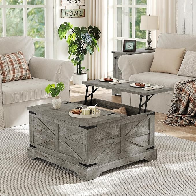 Furnideco Farmhouse Lift Top Coffee Table, Square Wood Center Table with Large Hidden Storage Compartment for Living Room, Rustic Modern Table with Hinged Lift Top, Oak Grey