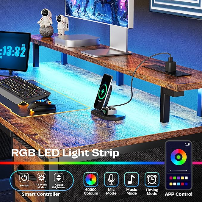 Huuger 47 inch Computer Desk with 4 Drawers, Gaming Desk with LED Lights & Power Outlets, Home Office Desk with Large Storage Space for Bedroom, Work from Home, Rustic Brown