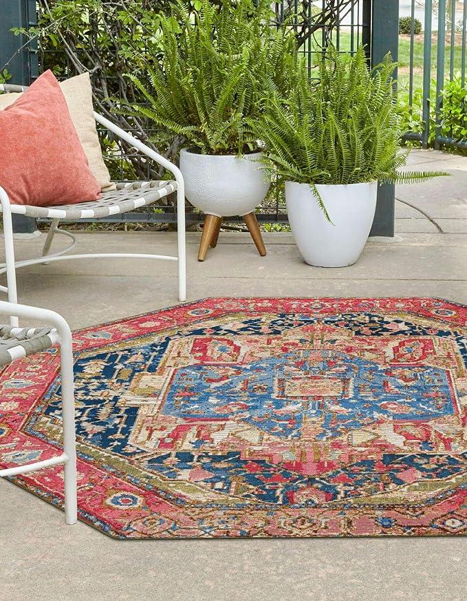 Unique Loom Outdoor Traditional Collection Area Rug - Limon (7' 10" Octagon Multi/Red)