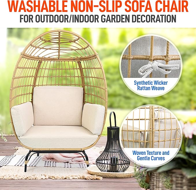 SereneLife Jovial Wicker Rattan Egg Chair,Indoor Outdoor White Sofa Chair for Patio Backyard and Living Room with 4 Cushions and Powder Coated Steel Frame,Woven Texture Contemporary Ribbed Back Design