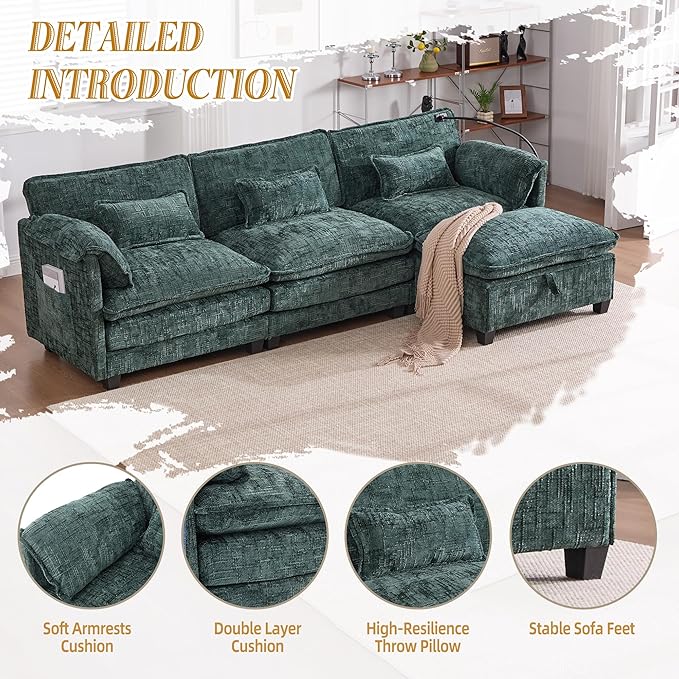 KEIKI 110" L-Shaped Boucle Modular Sectional Chenille Sofa with 1 Ottoman & Memory Foam Cushion & Phone Holder & USB, Upholstered Oversized 4-Seater Couch, Easy Assembly, for Living Room, Emerald