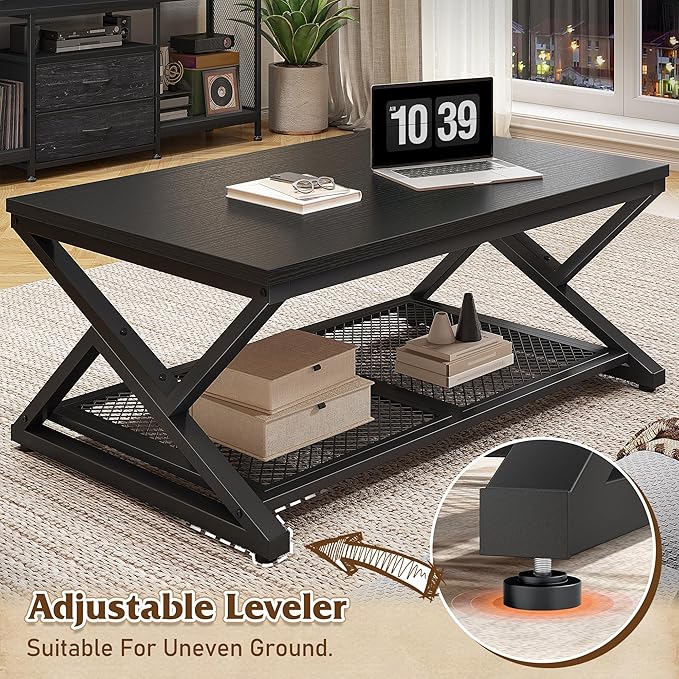 EnHomee Coffee Table with Storage, Modern Coffee Tables for Living Room with Mesh Shelf, 2 Tier Rectangular Center Table for Living Room, Bedroom, 39.4 Inch, Black Oak