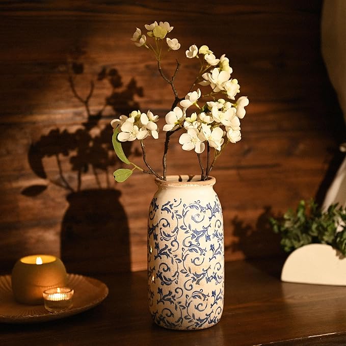 VICTOR & TERESA Rustic Large Blue and White Vase for Home Decor, 10'' Tall Ceramic Vases for Flowers, Farmhouse Decorative Vases for Pampas Grass,Table, Mantel, Living Room, Centerpieces