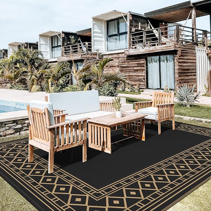 GENIMO Outdoor Rug Waterproof 10'x14' for Patio, Foldable Reversible Plastic Straw Carpet for Travel Trailers, Outside Area Mat for Rv, Deck, Picnic, Porch, Camper, Balcony, Beach, Black & Brown