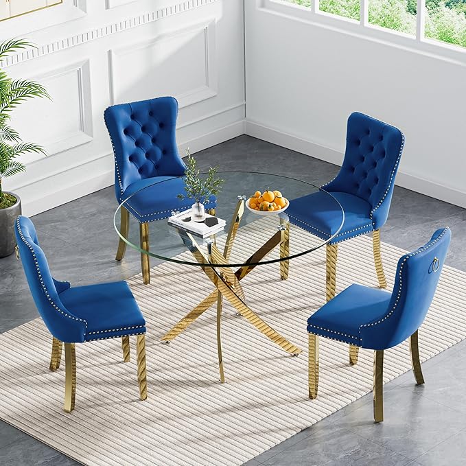 Goujxcy 5 Piece Round Glass Dining Table Set for 4, 36" Round Dining Table & Chair Set Modern Circle Glass Kitchen Table and 4 Velvet Upholstered Chairs for Kitchen Dining (Gold Table & Blue Chair)