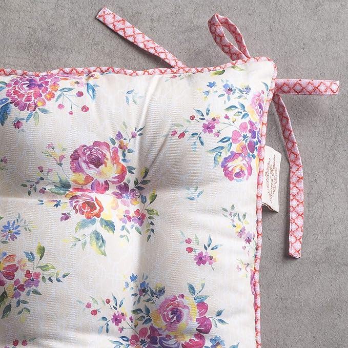 Maison d' Hermine Chair Pads for Dining Chairs Cotton Outer Fabric and Poly Filling 16"x16" Patio Seat Cushions for Furniture with Ties Home Chair Party Hall Farmhouse (Rose Garden, Pack of 2)