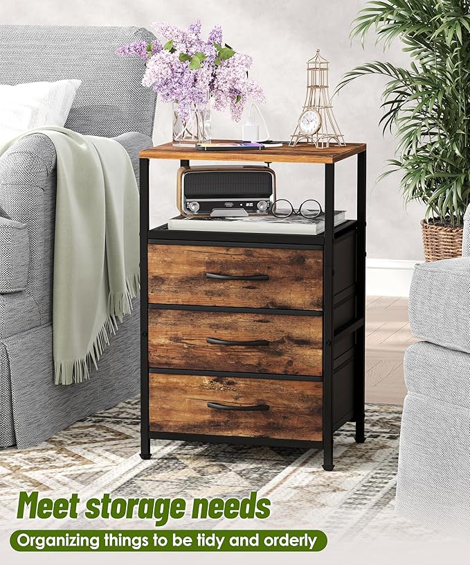 End Table with Charging Station, 11" D x 15" W Night Stand with LED Light, Nightstand with Fabric Drawers, Bedside Table with Open Shelf, Side Table for Bedroom, Living Room, Rustic Brown