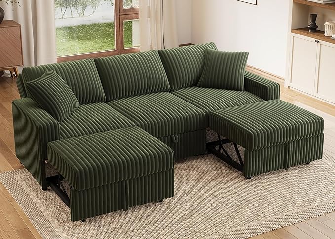 HONBAY Sectional Sofa, Modular L Shaped U Shaped Pull Out Couch with Storage, Velvet Green