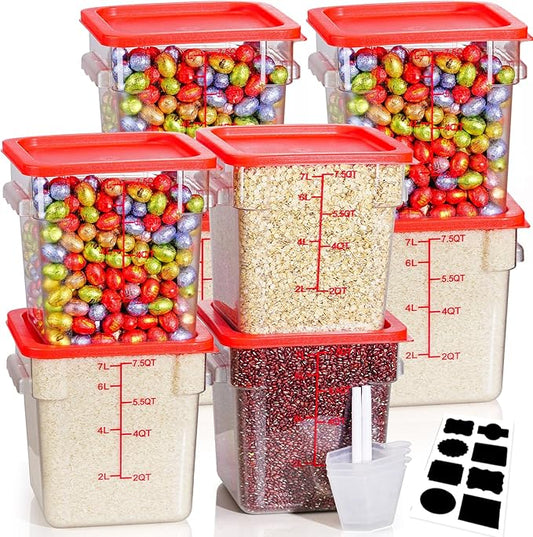 8QT NSF Food Storage Containers: 8 PCS [Food Grade][Hot&Cold Resistant] Commercial Clear Square Food Storage Containers with Scales Handles for Home Restaurant Kitchen Proof Dough (Red)