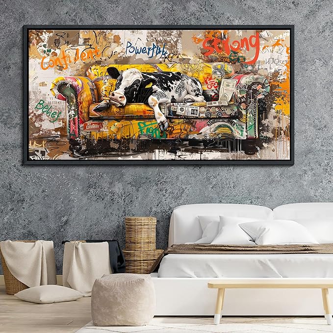 JEAWA Framed Canvas Wall Art - Large Creative Wall Art for Bedroom Living Room Bathroom, Modern Artwork Decor for Home Decoration, Funny Cow Color Graffiti, 29x58 IN