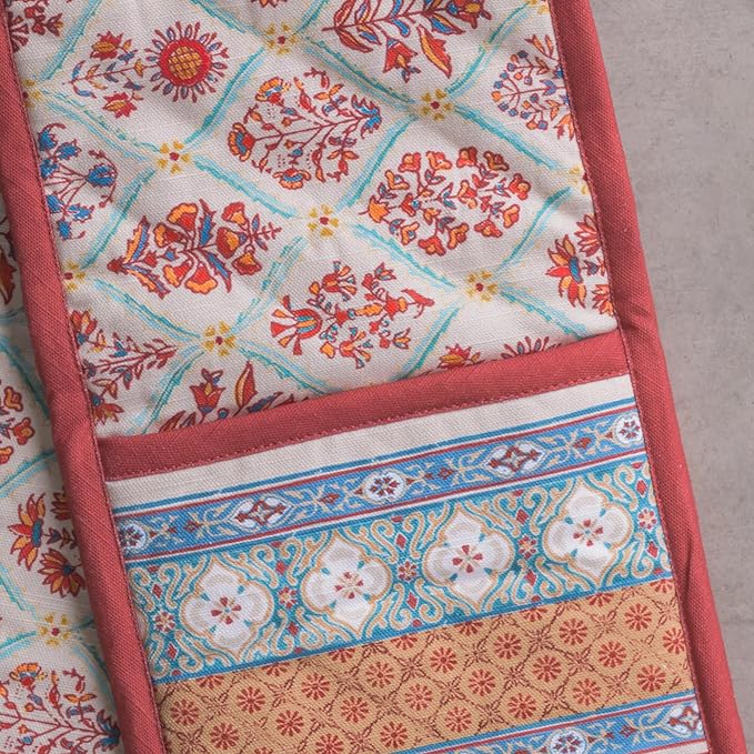 Maison d' Hermine Double Oven Mitt (7" x 35") 100% Cotton Heat Resistant BBQ Cooking Gloves with Loop for Thanksgiving Christmas Decorations Baking Cooking Barbeque Handling Hot Pan (Romane)