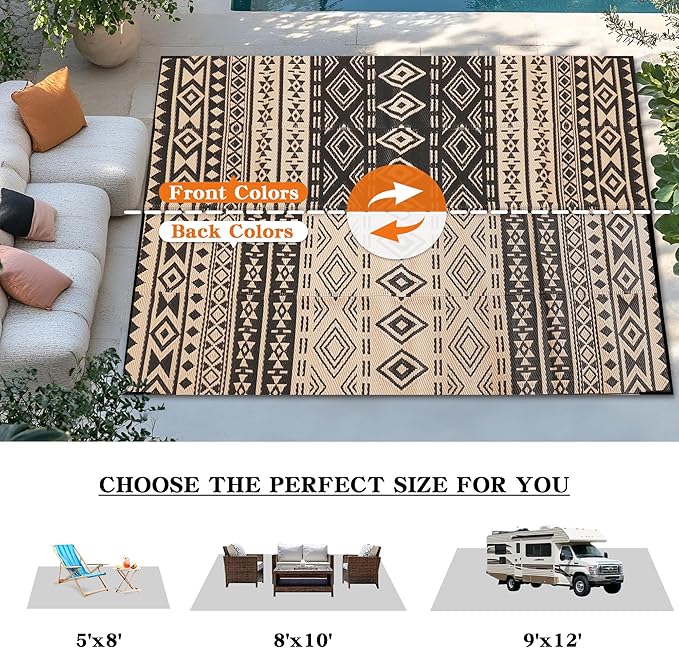 Wallona Outdoor Rugs 5x8 ft Patio Waterproof Clearance Indoor Outdoor Carpet for Patio Plastic Straw Reversible Area Rugs Mat for RV, Camping, Balcony, Beach, Picnic, Porch, Boho Black & Beige
