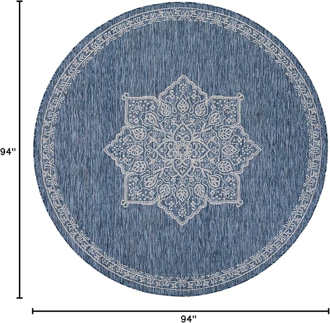 Unique Loom Outdoor Traditional Collection Area Rug - Antique (7' 10" Round Blue/Ivory)