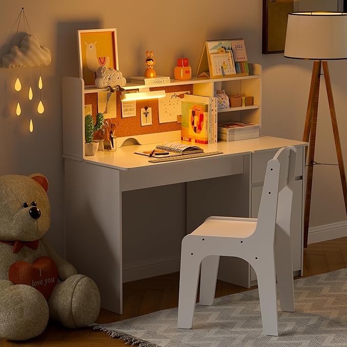 PAKASEPT Kids Desk and Chair Set,Kids Study Desk with 3-Color Lights(Not Rechargeable),Tiltable Desktop,Multi Functional Table for Kids 5-12,Student Writing Desk with Hutch,Storage Cabinet for Bedroom
