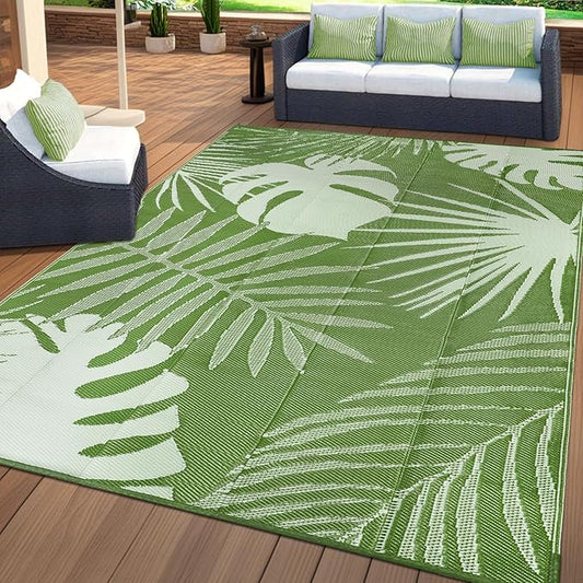 Waterproof Outdoor Rug 8x10 ft, Reversible Plastic Straw Mat with Leaf Pattern, Large Floor Mat for Patio, Camping, Picnic, Backyard RV, Deck, Light Green