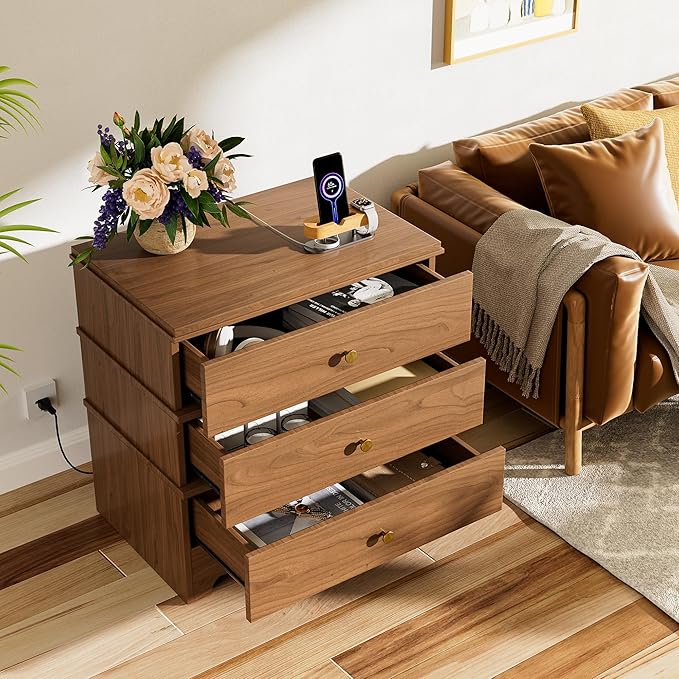 3 Drawer Nightstand with Charging Station,24" Farmhouse Night Stand & Modern Bedside Table, Wood End Table Storage Cabinet for Bedroom Hallway, Entryway,Brown
