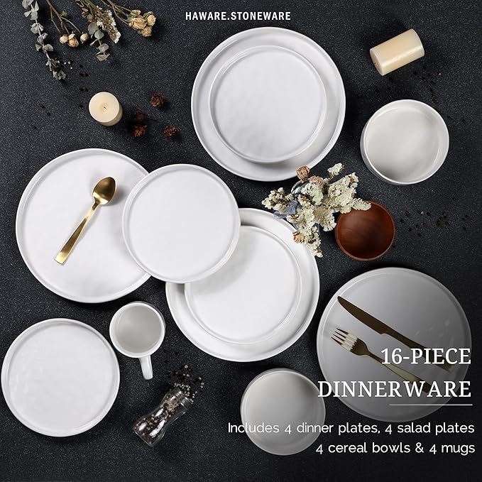 HaWare Dinnerware Sets, 16-Piece Stoneware Plates and Bowls Set, Elegant Ceramic Dish Set for 4, Chip and Scratch Resistant, Microwave and Dishwasher Safe, Speckled White