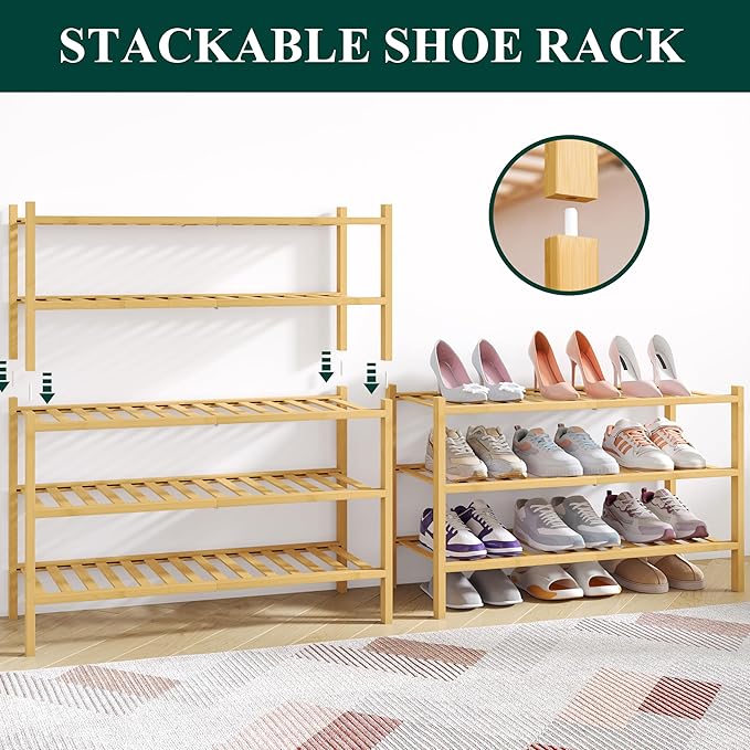 Smiry Bamboo Shoe Rack for Closet, 3 Tier Wooden Stackable Shoe Organizer, Free Standing Shoes Storage Shelf for Entryway, Front Door Entrance, Natural