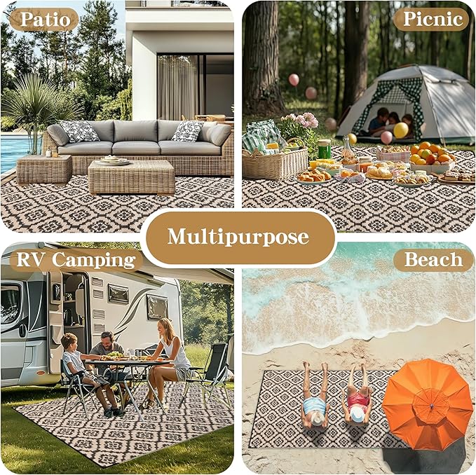 Wallona Outdoor Rugs 8x10 ft Patio Waterproof Clearance Indoor Outdoor Large Carpet for Patio Plastic Straw Reversible Area Rugs Mat for RV, Camping, Balcony, Beach, Picnic, Porch, Brick Black & Beige