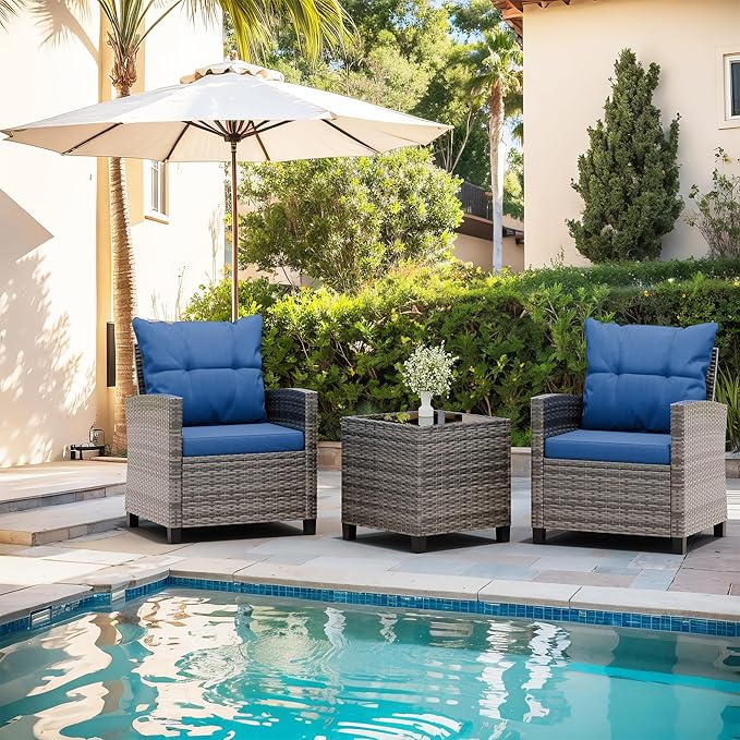 Vongrasig 3 Piece Patio Furniture Set Small Outdoor Wicker Rattan Front Porch Bistro Set Cushioned Patio Chairs Conversation Set with Glass Table for Lawn, Garden, Backyard, Balcony, Poolside (Blue)