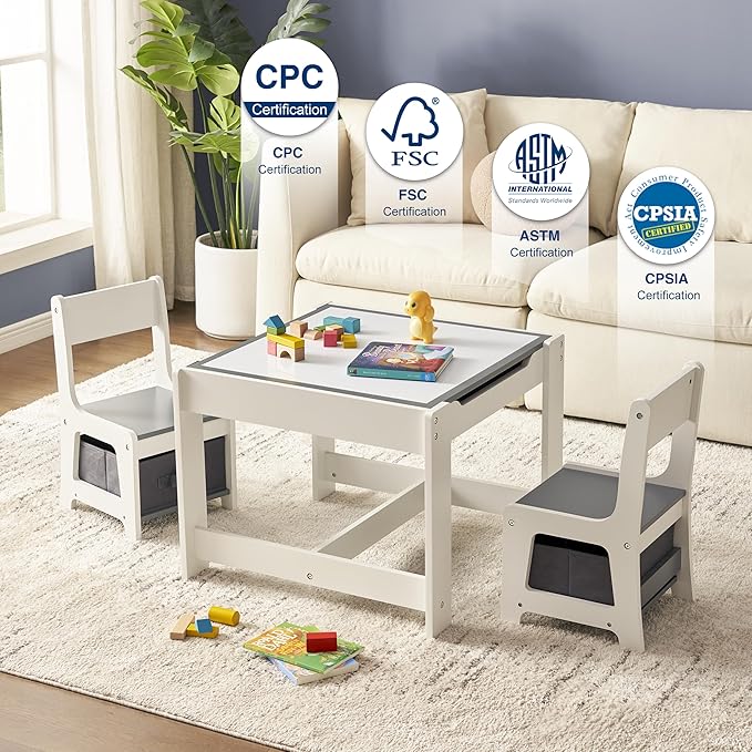 Kids Table and Chair Set, 3 in 1 Children Activity Table with Storage Drawer, 2 in 1 Tabletop Removable Blackboard for Crafts, Arts, Drawing, Reading, Toddler Table and Chair Set for Boys & Girls