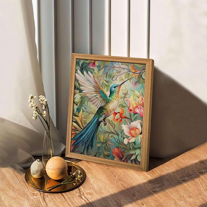 Framed Vintage 3D Textured Wall Art - Colorful Hummingbird Floral Wall Decor - Hand Painted Sandstone Nature Botanical Picture for Living Room Bedroom Home Decor 8x10 inch