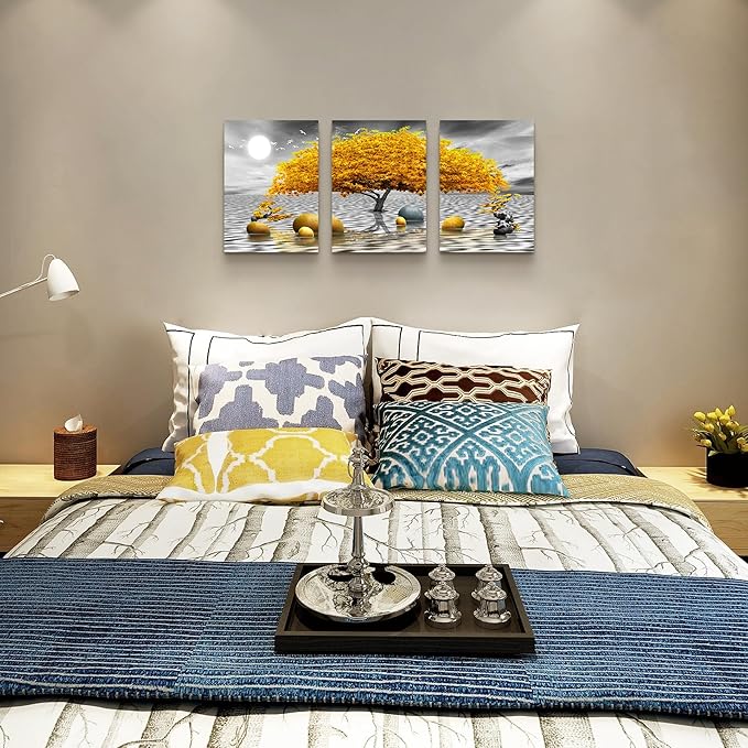 Wall decorations for living room Canvas Wall Art for bedroom Abstract wall decor Black and white Canvas Art Yellow tree paintings bathroom Home Decoration 3 Piece Hang Pictures Office Wall Artworks