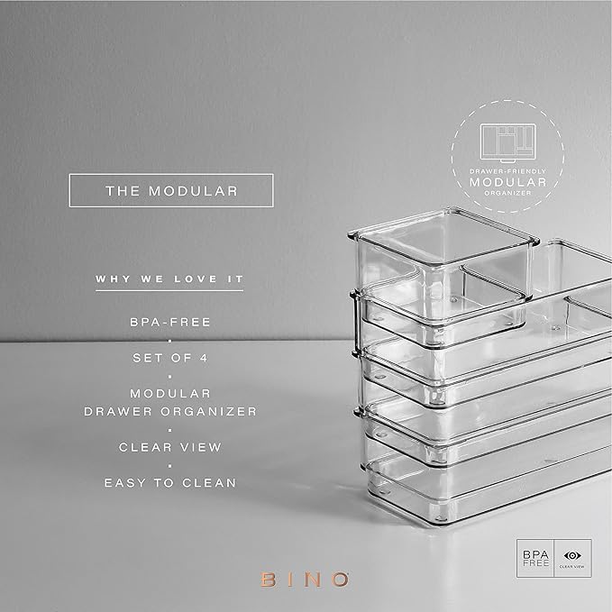 BINO 4-Piece Modular Drawer Bin Set | Bathroom & Vanity Drawer Organizer Trays - Small