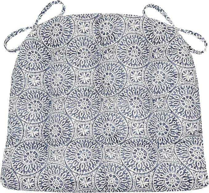 Barnett Home Decor Tibet Blue Dining Chair Pad with Ties - Medium Size 18 Chair Cushion - Latex Foam Fill - Machine Washable, 100% Cotton, Made in USA (Navy Mandalas)