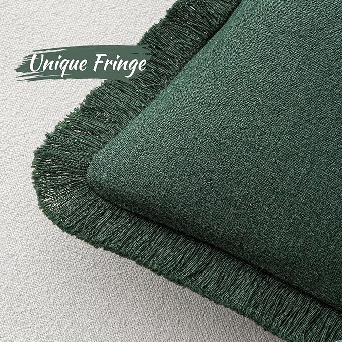 MIULEE Decorative Throw Pillow Covers Neutral Linen Fringe Throw Pillows Set of 2 Army Green Boho Farmhouse Cushion Covers with Tassels for Couch Sofa Bed Living Room Spring Home Decor 18x18 Inch