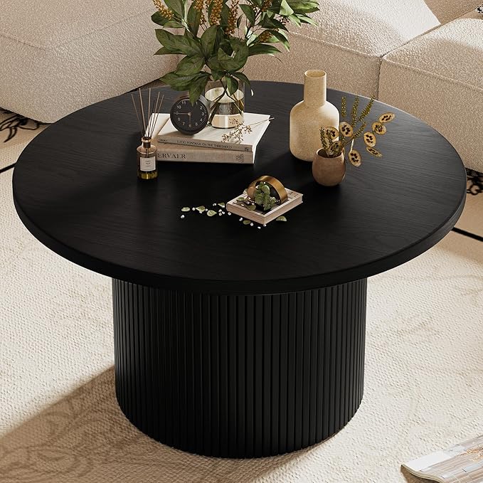 Black Round Coffee Table with Metal Frame, 35" Coffee Tables for Living Room, Circle Wood Accent Center Table for Apartment