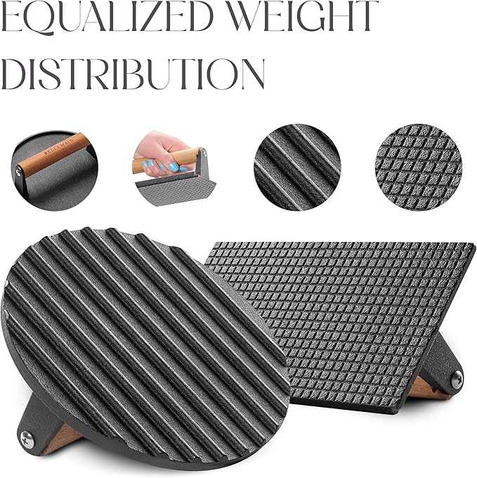 Bellemain Heavy-Duty Cast Iron Grill Press Set – Perfect Smash Burger Press & Steak Tool with Ergonomic Wood Handle for Pro-Level Searing on Griddle, Skillet, or BBQ