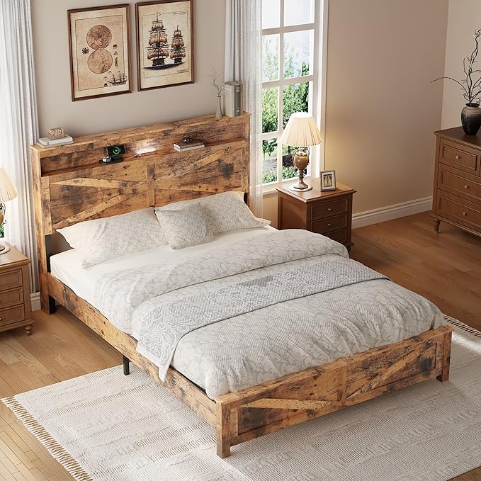 Farmhouse Wooden Bed Frame Queen Size with Storage Headboard, Boho Platform Bedframe with LED Lights and Charging Station, Metal Slats Support, No Box Spring Needed, Brown