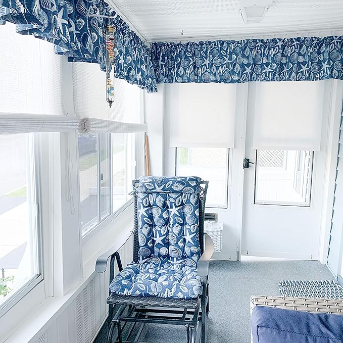 Shoreline Navy Porch Rocker Cushions - Extra-Large - Indoor - Outdoor, Fade Resistant, Weather Resistant - Latex Foam Fill Rocking Chair Seat Cushion & Backrest Pad Set - (Seashells - Blue)