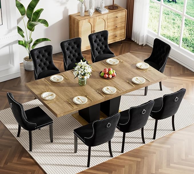 Goujxcy 9-Piece Extendable Dining Table Set for 6-8 People 63-78 Inch Kitchen Table Set with 8 Velvet Upholstered Chairs Farmhouse Rectangular Dining Room Table Set for Kitchen Dining Room Apartment