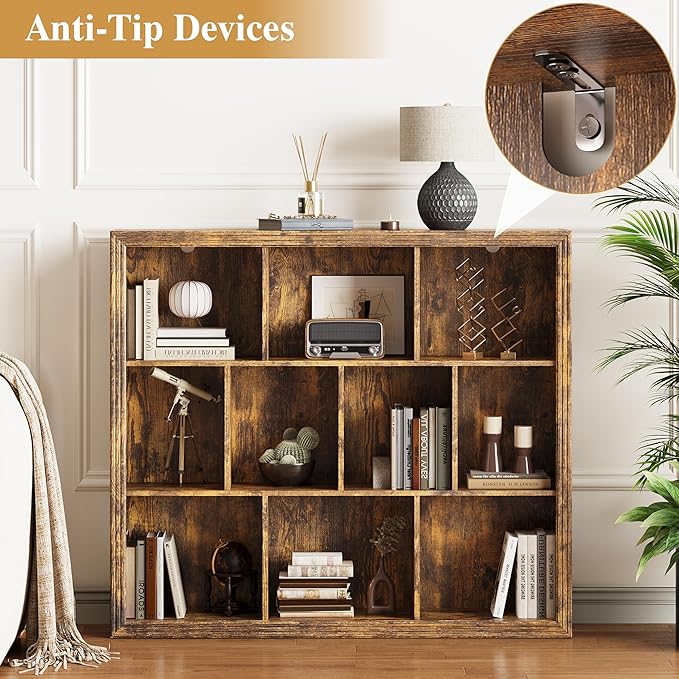 Book Shelf with 10-Cube, 43” Wide Bookshelf with Anti-Tip Device, 38” Tall Open Bookcase, Modern Display Organizer Book Case for Home Office, Entryway, Living Room, Bedroom, Study Room