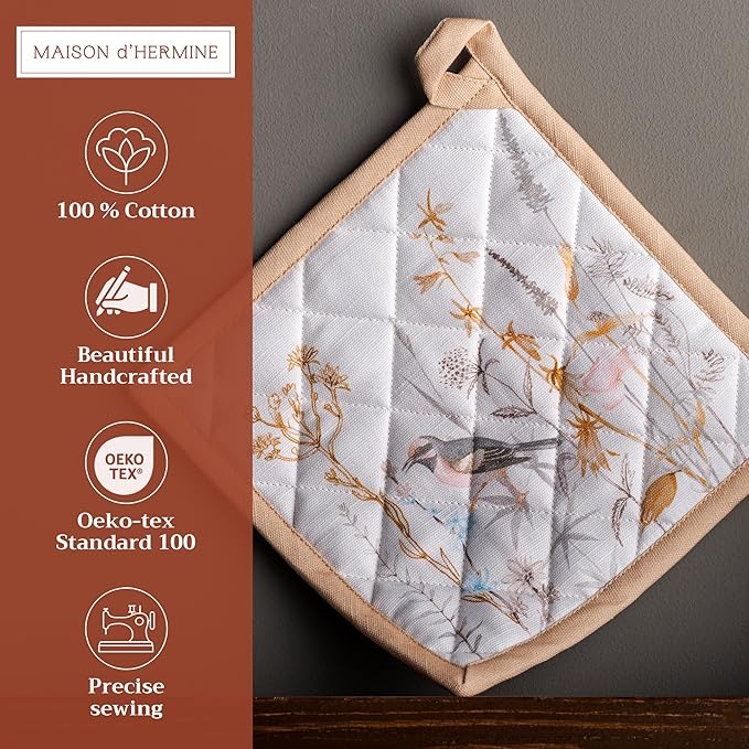 Maison d' Hermine Pot Holders 100% Cotton Heat Resistant Potholders 8" x 8" Hot Pads with Loop BBQ, Cooking, Grilling, Kitchen, Handling Hot Pans Spring/Summer (Pack of 1, Meadow Florals - Beige)