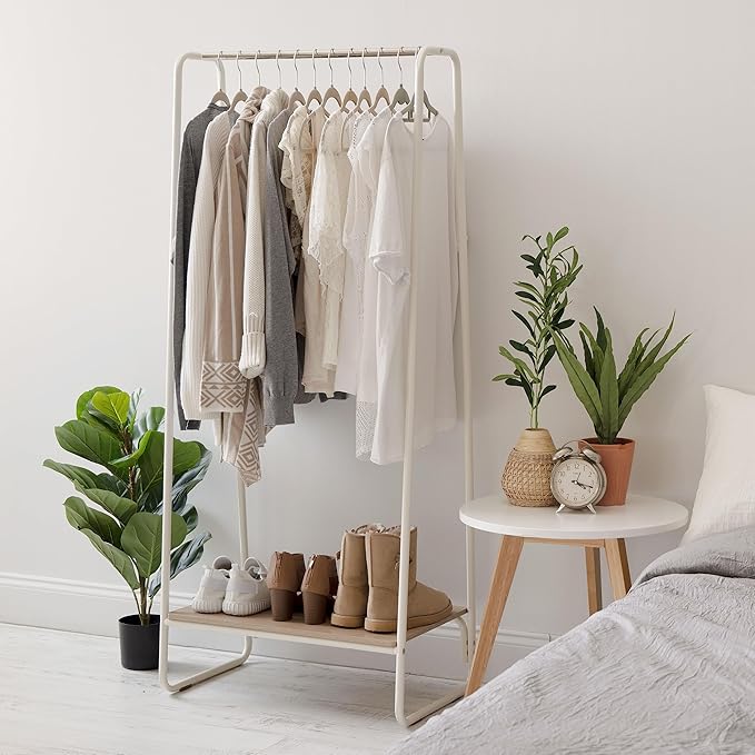 IRIS USA Clothes Rack for Hanging Clothes with Bottom Wood Shelf, Freestanding Clothing Rack, Easy to Assemble Garment Rack, Metal, Sturdy Design, Multipurpose, Small Space Storage Solution, White