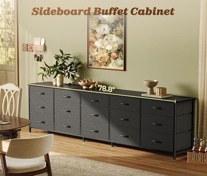 Huuger 78.7 inch Long Dresser for Bedroom, 15 Drawer Fabric Dresser for Closet, Large TV Stand for 65, 75, 85 inch TV, Wide Chest of Drawer with Storage, 78.7" W x 12.9" D x 26.7" H, Black