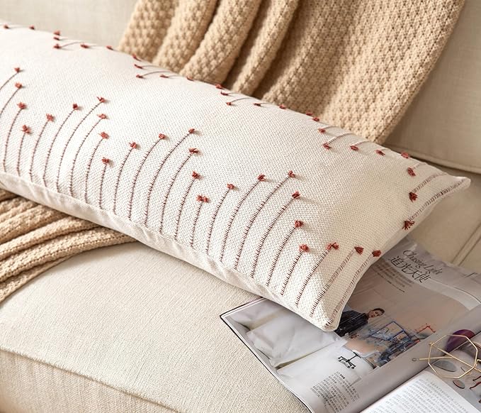 Boho Lumbar Pillow Cover 14x36 Long Pack of 1 Decorative Pillows Bed, Beige with Rust Body Throw Pillow Covers, for Modern Farmhouse Sofa Bedroom Living Room Home Decor Couch Pillowcase