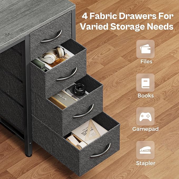 Huuger 47 inch Computer Desk with 4 Drawers, Gaming Desk with LED Lights & Power Outlets, Home Office Desk with Large Storage Space for Bedroom, Work from Home, Grey