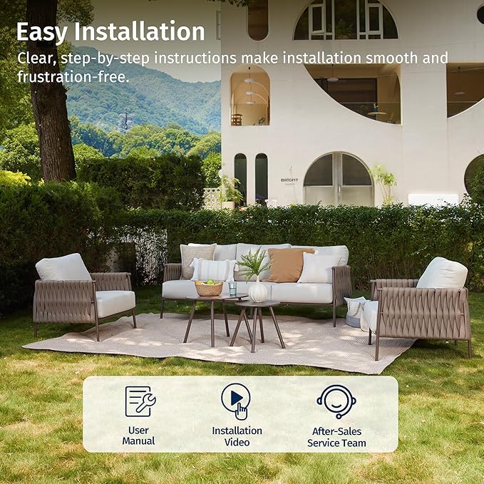East Oak 5-Piece Patio Furniture Set | Life Chatter 5-Seat Outdoor Furniture | Deep Seating & Two Coffee Tables | Waterproof Extra-Thick Cushions | Porch, Balcony & Backyard | Chestnut & Apricot