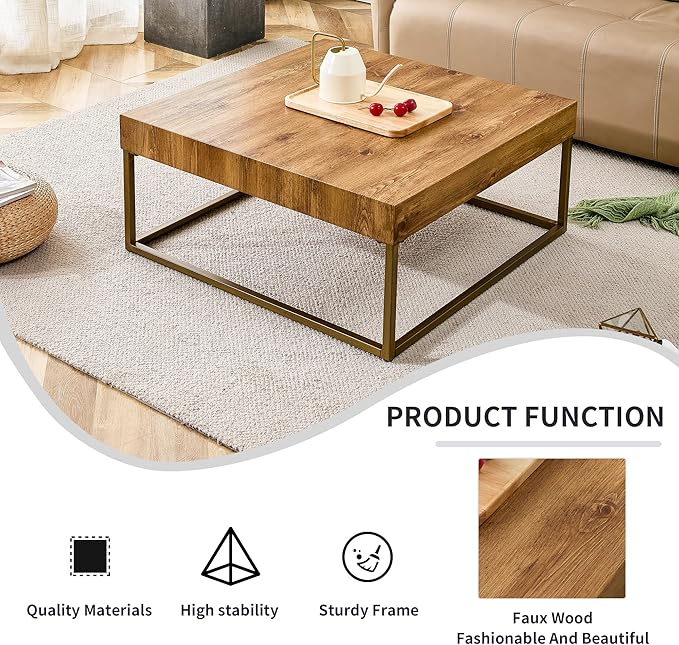 31.5'' Modern Square Coffee Table for Living Room, Metal Legs Large Coffee Table, Wooden Tea Table Top for Dining Room Office Small Space