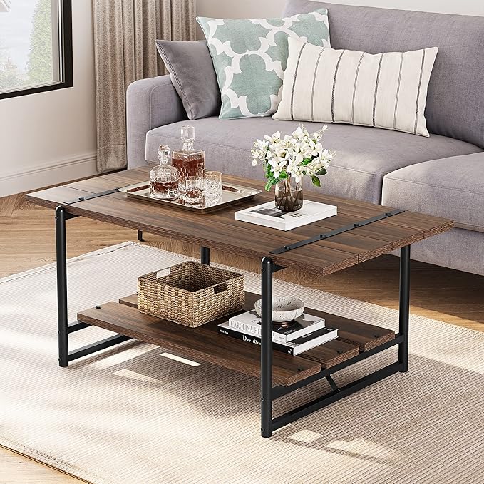 2-Tier Farmhouse 41'' Large Gray Wood Coffee Table with Storage Shelf -Modern Rustic Metal Rectangle Center Living Room Coffee Table Accent Furniture for Home Office,Easy Assembly(Walnut Brown)