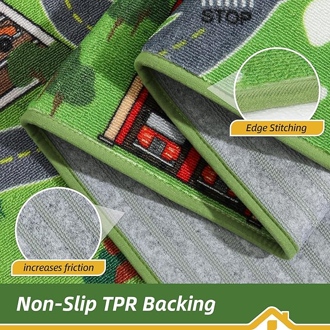 BEQHAUSE Kids Play Mat, Green City Traffic Road Kids Room Rug Great for Playing with Cars, 32”x60” Play Area Rug Car Rugs for Children's Bedroom, Toddler Classroom and Baby Playroom